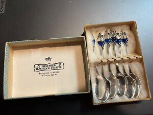 Norwegian Norway Th Marthinsen Sterling Demitasse Spoons Set Enamel Bluebell
