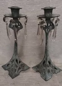 Art Nouveau Antique Aged , Pair Candlesticks With Hanging Beads 10" - Picture 1 of 16