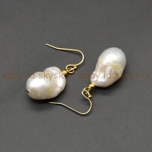 15-20mm Natural White Freshwater Baroque Keshi Reborn Pearl Dangle Hook Earring - Picture 1 of 7