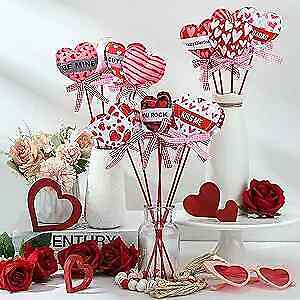  16 Pcs Valentine's Day Flower Picks Plush Shaped Hearts on Sticks Floral Pick 