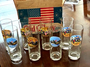 Coffret 8 verres Bartlett Collins Old Glory toutes différentes scènes coloniales neuf dans sa boîte - Photo 1/10