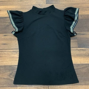 Jasmine Sportswear Black Top Short Sleeves With Gold Stripes Women’s Sz M - Picture 1 of 6