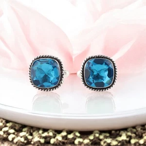 Swiss Blue Topaz Gemstone 925 Sterling Silver Jewelry Men Artisan Cufflinks0.61" - Picture 1 of 4