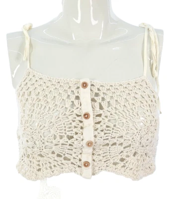 Zara Crop Top Crochet Beige Cotton Tie Straps Button Front Bohemian Beach XS - Image 1 of 4