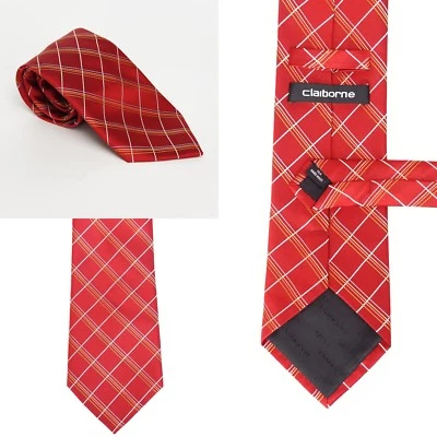 Corbata a cuadros Claiborne para hombre 100 % seda roja plata azul amarillo 60" X 4 Foto 1 de 4
