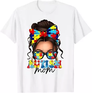 Autism Mom Messy Bun Women Girls Be Kind Autism Awareness T-Shirt Hoodie - Picture 1 of 10