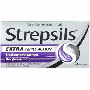 Strepsils Extra Triple Action Blackcurrant 24 Lozenges  - Picture 1 of 8
