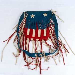 Vintage 1970s Nubuck Leather Boho Hippie Purse US Flag Motif Tassels - Picture 1 of 5
