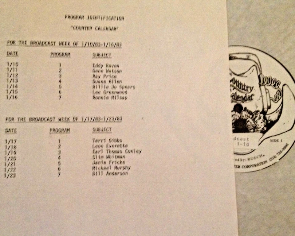 RADIO SHOW: COUNTRY CALENDAR 1/10/83 SLIM WHITMAN, BILL ANDERSON, RONNIE MILSAP - Image 1 of 1