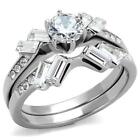 Stainless Steel Engagement Ring 2 Ring Set Round Cut Cz & Baguette Sides