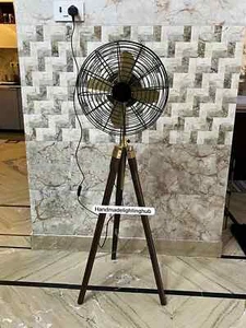 Handmade Wooden Tripod Pedestal Fan Brass Antique Finish Elegant Retro Design - Picture 1 of 9