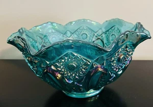8.5" L.E. Smith Glass Teal & Blue Iridescent Carnival Glass Bowl Hobstar Daisy - Picture 1 of 7