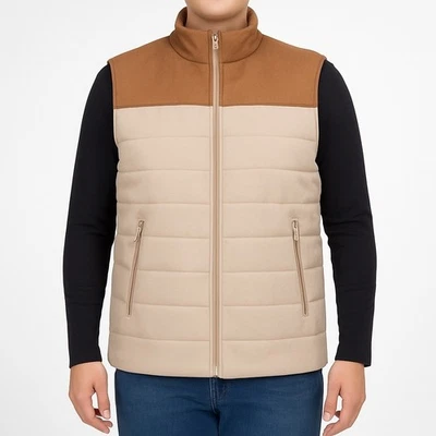Magaschoni Man Vest Mens Large Beige Tan Colorblock Faux Leather Puffer Quilted - Image 1 of 4