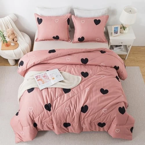  Conjunto de edredón con patrón de corazón para niñas talla lindo amor sexy rosa pálido completo Foto 1 de 4