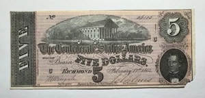 1864 $5 Confederate States of America Note T69 - Picture 1 of 2