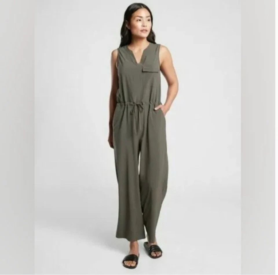 Athleta Topanga Jumpsuit Romper Wide Leg Mountain Olive Pockets Drawstring XXS - image 1 of 4
