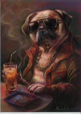 dibujo original 21 x 29 cm 163SkV obra de arte perro pastel con un cóctel Foto 1 de 2