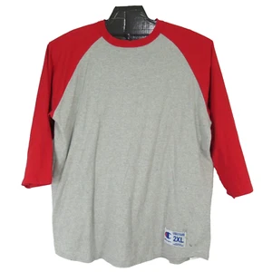 Camiseta de béisbol Champion 2XL camiseta raglán gris rojo parche con logotipo manchado - Imagen 1 de 10
