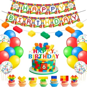Block Party Decorations,53 Pcs Building Blocks Birthday Balloons Cupcake Topper - Picture 1 of 10