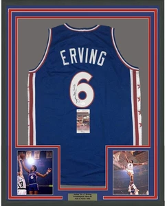 Framed Autographed/Signed Julius Erving Dr. J 35x39 Philly Blue Jersey JSA COA - Picture 1 of 2