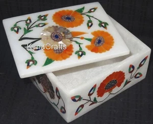 Floral Art Corporate Gift Box with Inlay Work 4 x 3 Inches Marble Jewelry Box - Picture 1 of 5