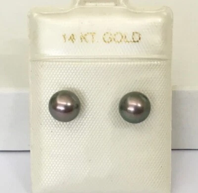 Aretes de perlas cultivadas negras de 6 mm con oro amarillo sólido de 14K NUEVO Foto 1 de 4