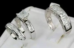 3Ct Princess Created Diamond Trio Ring Set Bridal Band 14k White Gold Finish - Picture 1 of 6
