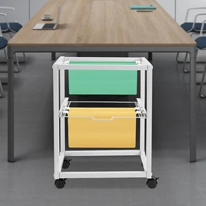 2 Tiers Rolling Metal Hanging File Cart Mobile File Rack Storage Organizer - Picture 1 of 10