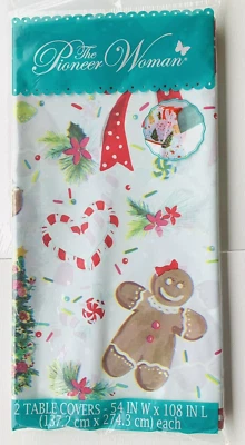 2 The Pioneer Woman Gingerbread Man Plastic Table Covers 54x108 Red Polka Teal - Image 1 of 4
