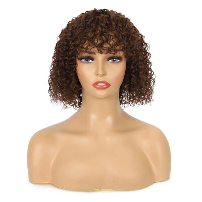 Short Curly Wave Wigs Brown Human Hair Wig with Bangs Full Machine Made Non Lace - Image 1 of 4