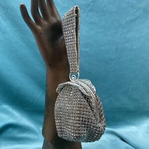 vintage evening bag purse made  germany chrystals wristlet compact silver purse