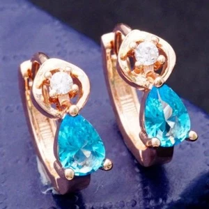 Cute New Petite Rose Gold Plated Topaz Blue Teardrop CZ Huggie Hoop Earrings - Picture 1 of 5