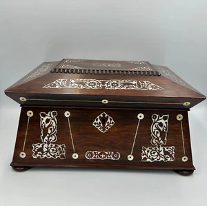 Antique Rosewood & Mother Of Pearl, birds Sarcophagus Jewellery Casket / Workbox - Picture 1 of 22