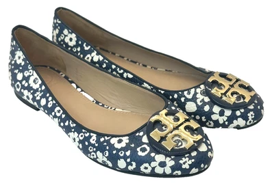 Tory Burch Claire 芭蕾平底翻滚皮革女式 5.5 码海军蓝象牙色花卉 — 第 1/4 张图片