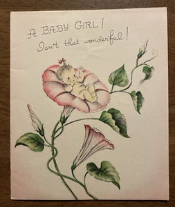 Tarjeta de felicitación recién nacida vintage años 40 nueva cama de flores rosa P4c - Imagen 1 de 18