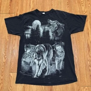 Vintage 90s Wolf AOP Nature Wildlife Single Stitch Black Shirt Size Large - Bild 1 von 8