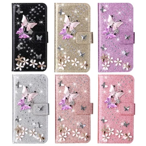 Case Cover For Samsung S6 S7 S8 S9 S21 S10 S20 FE Bling Butterfly Leather Wallet - Picture 1 of 16