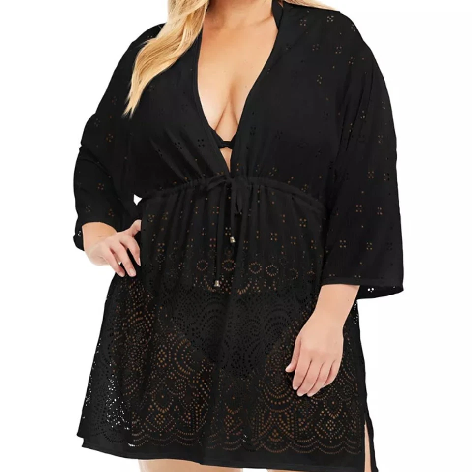 Dotti BLACK Wearabouts Plus Gypsy Eyelet Tie-Front Tunic Swim Coverup US 3X