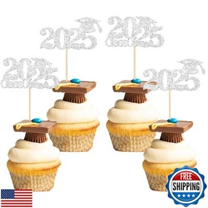 Gyufise 24Pcs 2025 Graduation Cap Cupcake Toppers Silver Glitter Class of 202 - Picture 1 of 5