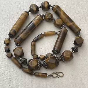 Vintage Ethnic Faceted Tigers Eye Gemstone Tube Bead Necklace Silver Tone 20" - Picture 1 of 5