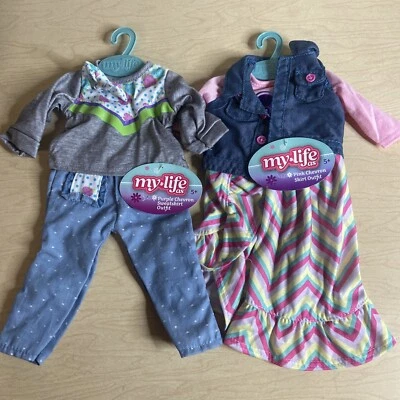 Lote de 2 Roupas de Boneca My Life 18" Novas em Cabides Roupas Rosa Roxo Chevron - Imagem 1 de 4