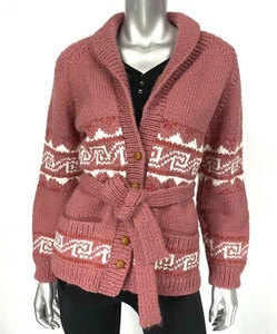 VTG Sweater Women’s M Handmade Chunky Knitted Button Down Belted Pink Grannycore - Picture 1 of 10