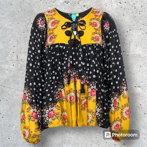 Anthropologie FARM RIO Intarsia Floral Top Blouse Boho Tassels Black & Yellow XS - Picture 1 of 10