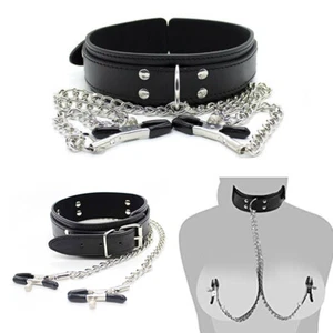 Leather Choker Collar With Clamp Clip Chain Couple BDSM Bandage Adult Sex Games - Picture 1 of 7