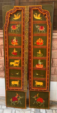 Beautiful lord Krishna painting antique teak wood Indian door heavy Indian frame Cover