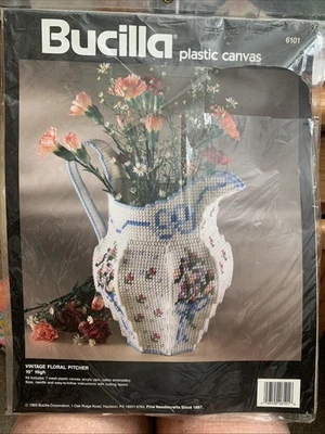 New Vintage 1993 Bucilla Plastic Canvas Kit Vintage Floral Pitcher 10" - Image 1 of 2