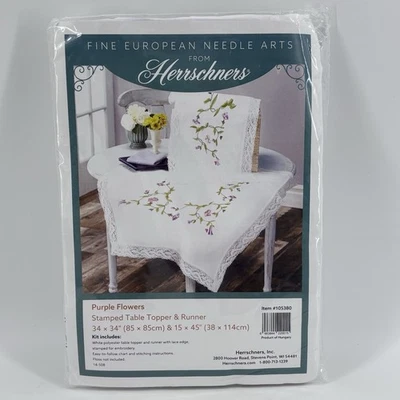 Herrschners Purple Flowers Stamped Table Topper & Runner Lace Edge NEW - Image 1 of 3