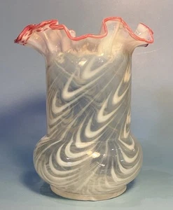 C 1900 NORTHWOOD BLOWN CELERY VASE TWISTED WHITE OPAL ART GLASS RED CRESTED FRIT - Picture 1 of 5