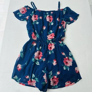 Abercrombie Kids Girls One Piece Blue Pink Floral Short Romper Sz 13/14 - Picture 1 of 9