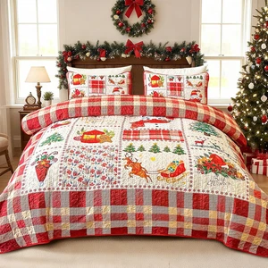 King Christmas Quilt Set 3-teilig, Wende Patchwork Quilt rot Weihnachten Beddi - Bild 1 von 12